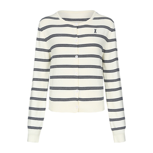 【限时直降】安欧兔羊毛混纺针织纽扣开衫女圆领条纹法式内搭上衣