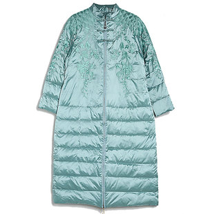 新中式羽绒服女款安娜滕复古国风刺绣中长款盘扣白鸭绒旗袍外套