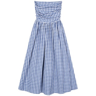 今屿花花 蓝色格子法式连衣裙夏季女2025年新款露背无袖抹胸长裙