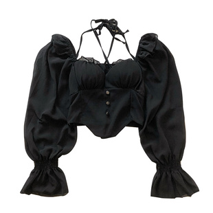 一字领露肩系带衬衫2022早秋新款百搭修身喇叭袖雪纺上衣女带胸垫