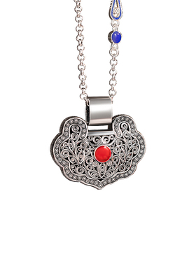 990纯银平安如意锁项链吊坠足银唐草缠枝纹长命锁花丝镂空挂坠