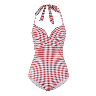 2026新款泳衣女高级感连体带罩衫游泳衣长袖防晒红格子温泉三角