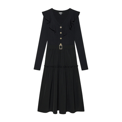 DKNY大荷叶边A字针织连衣裙