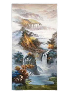 山水手绘油画聚宝盆玄关画风景画手工画竖版装饰画壁画过道