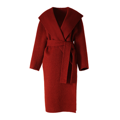 安哥拉红色连帽系带双面羊绒大衣女2025冬气质宽松羊驼毛毛呢外套