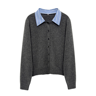 3ts春秋羊毛miu系假两件针织开衫格雷系灰色修身翻领叠穿针织衫