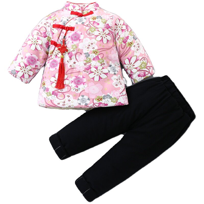 女童复古唐装拜年服棉袄两件套棉花加厚中式棉衣黑色棉裤秋冬套装
