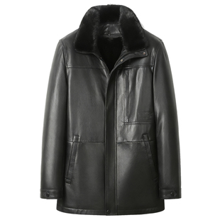 山羊皮皮衣男中长款脱卸水貂内胆真皮夹克中年皮草外套冬季保暖