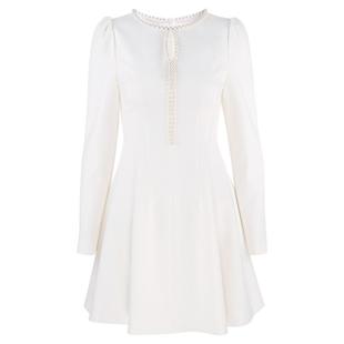 韩语琳 白色长袖收腰连衣裙女2025新款法式气质短款a字裙领证裙子