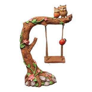 微景观园艺猫头鹰树桩荡秋千造景装饰摆件树脂多肉花盆花插