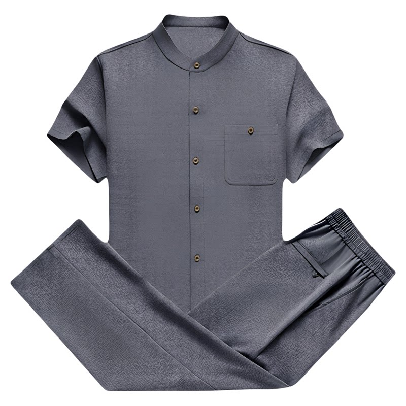 【天丝亚麻开衫套装】夏季男士短袖中老年爸爸两件套爷爷休闲衣服