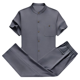 【天丝亚麻开衫套装】夏季男士短袖中老年爸爸两件套爷爷休闲衣服