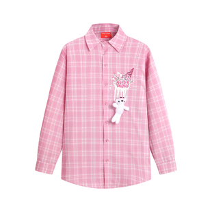 NOISY TEDDY26年春季新款可爱甜美风女士长袖格子衬衫立体熊百搭