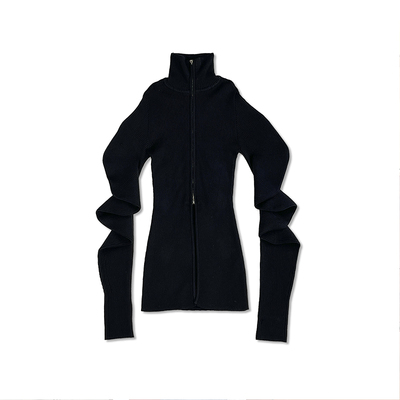 哟酷酷 秋冬小众设计感双拉链长袖针织开衫上衣女羊角袖薄绒外套