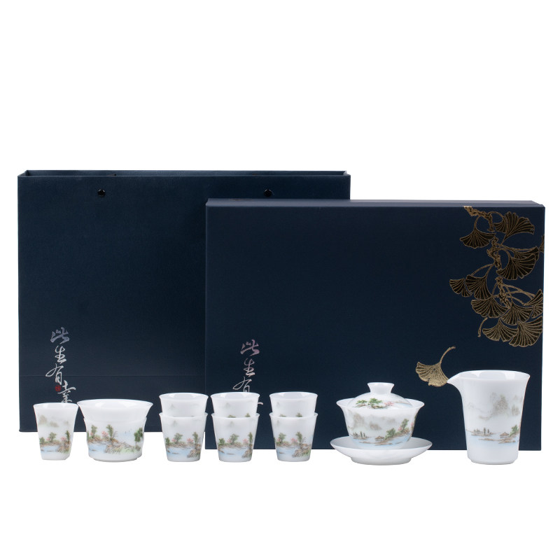 锦绣山河茶具套装冰种玉瓷手绘