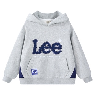 Lee kids儿童加绒连帽卫衣秋冬男女中大童学院风保暖上衣宽松百搭