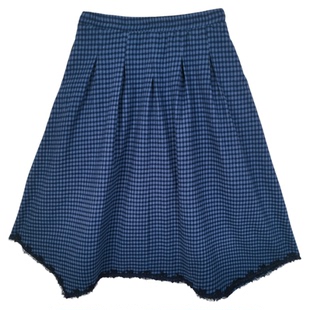 Bruland “蓝调格韵”不规则蕾丝拼接复古文艺中长款格子半身裙女