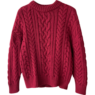 韩代同款东大门复古红色麻花毛衣女秋冬慵懒内外穿搭休闲粗针织衫