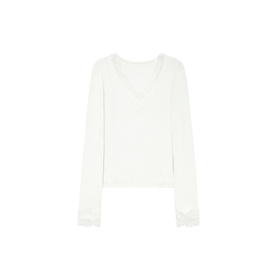 法式V领蕾丝拼接针织打底衫