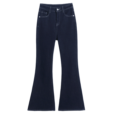 丹宁蓝加绒牛仔微喇裤女秋冬季