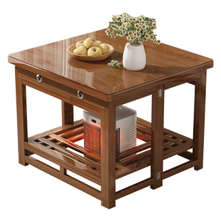 可折叠烤火桌家用折叠竹餐桌架正方形实木冬季电取暖桌烤火炉楠竹