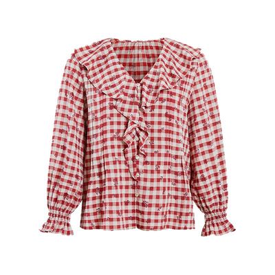 HeyDress法式格子衬衫女红色上衣