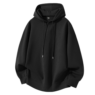 班尼路S&K卫衣男士春季重磅华夫格连帽上衣黑色落肩休闲外套男款A