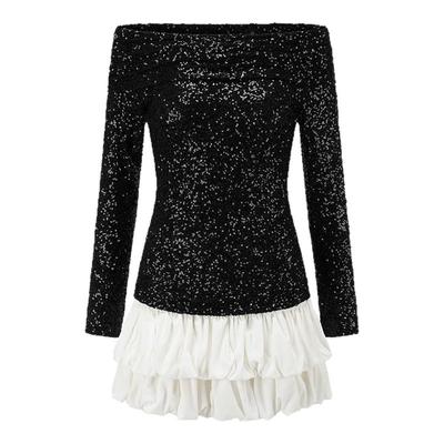 SHRO ENRO Perfect distance 可拆卸亮片撞色一字肩连衣裙 301469