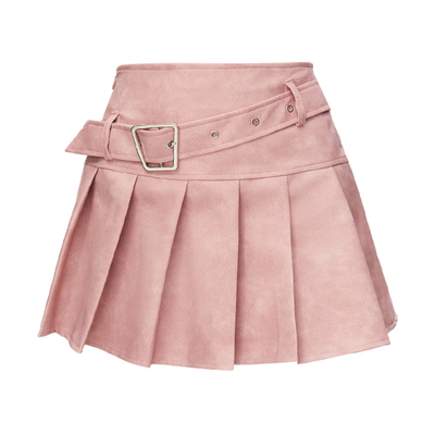 VIVICATHY2025秋粉色高腰百褶半身裙女小个子显瘦a字裙辣妹皮裙