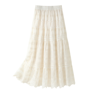 拉夏贝尔法式温柔风蕾丝半身裙女a字裙蛋糕裙中长款轻奢白色裙子