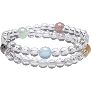 周六福女白水晶手串多宝白水海蓝宝葡萄石发晶黄晶半宝新年礼物