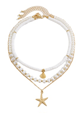 欧美跨境沙滩软陶仿珍珠叠戴款碎石项饰女不规则贝壳海星串珠
