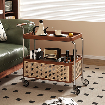 可移动边几小推车客厅沙发茶几边柜中古风实木床头收纳置物架餐车