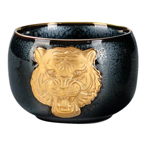 容山堂虎年生肖本命年主人杯天目釉御虎建盏茶杯浮雕描金兔年礼品