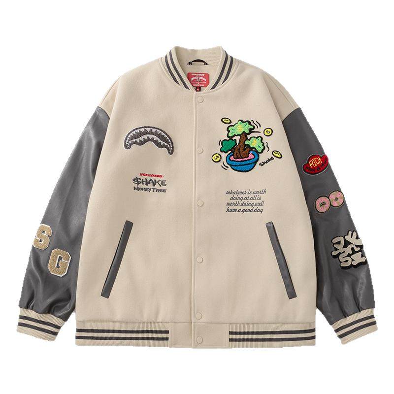 SprayGround明星同款鲨鱼嘴棒球服夹克摇钱树联名宽松情侣外套潮