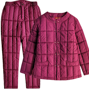 特胖妈妈棉袄棉裤家居服套装加肥加大码女老人太太轻羽绒棉衣内胆