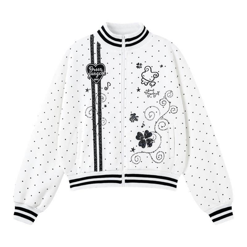 MoCreation 秋冬休闲风波点印花棒球服女秋季宽松慵懒拉链短外套