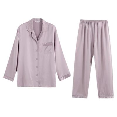 罗丝美秋冬新款桑蚕丝睡衣女士国民领镶蕾丝全开襟长袖长裤 11293