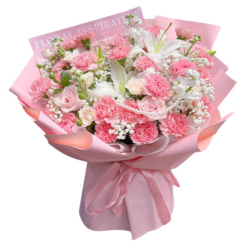 粉色康乃馨玫瑰百合混搭花束鲜花