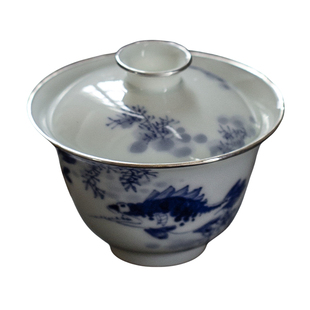 觅白手绘青花鱼藻纹盖碗包银泡茶具柴窑景德镇薄胎纯手工夫小容量