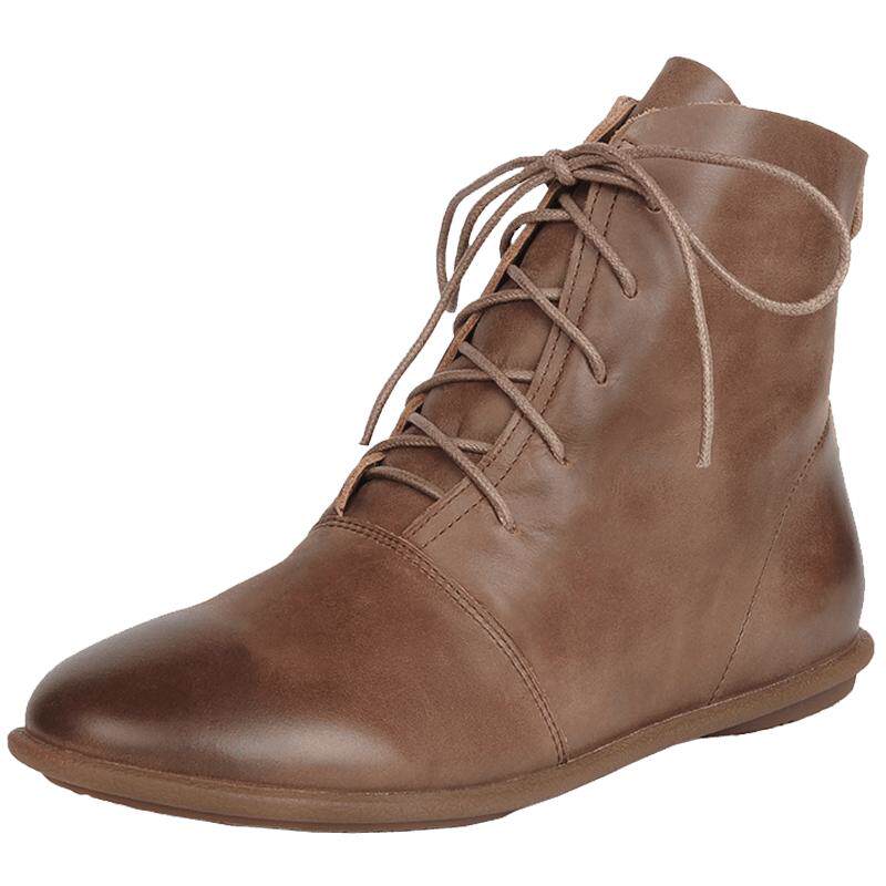 女靴春秋单靴复古马丁靴系带平底英伦短靴 真皮潘暇大码女鞋41-43