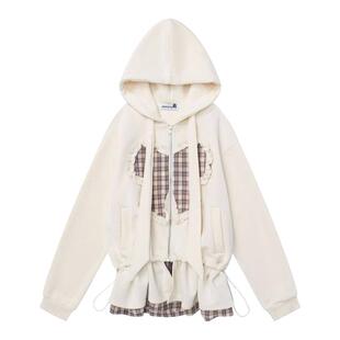 y2k千禧风穿搭上衣格子纹拼接蝴蝶结连帽卫衣女秋冬拉链开衫外套