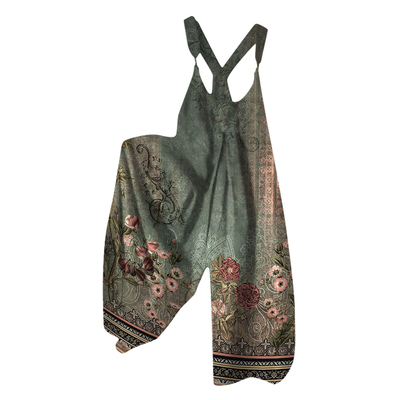 Casual printed loose wide leg suspenders印花宽松阔腿背带长裤