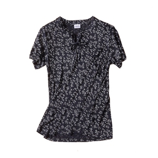 真丝短袖上衣女春夏复古大码宽松显瘦系带短袖印花衬衫桑蚕丝T恤