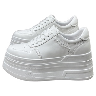 欧洲站2026年新款8CM增高真皮小白鞋女小个子白色编织厚底松糕鞋