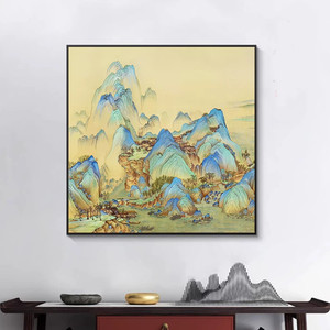 国画千里江山图客厅挂画青绿山水画办公室靠山装饰画宋代美学壁画