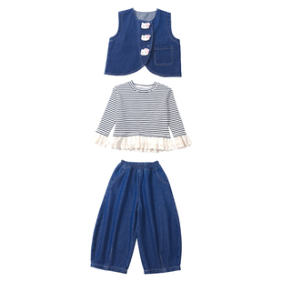 女童春装套装2026新款超好看韩系宝宝春秋牛仔马甲阔腿裤儿童衣服