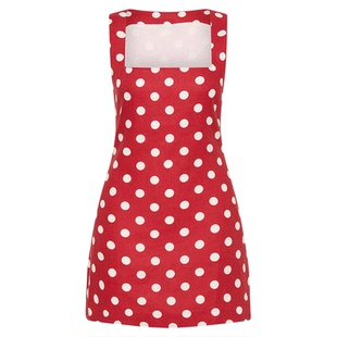 王心凌同款红色波点无袖背心连衣裙女夏季收腰显瘦设计感方领短裙