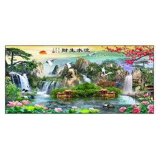 流水生财旭日东升客厅中式山水画中堂画风景青山绿水PVC防水自粘