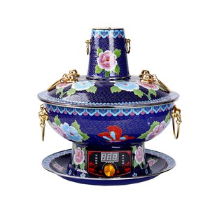 景泰蓝铜火锅纯紫铜插电铜火锅老式纯铜锅家用珐琅木炭鸳鸯铜火锅